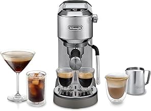 DeLonghi Dedica Duo - Perfetto Kompakte Siebträgermaschine Espressomaschine mit Soft-Touch-Icons, manuellem Milchaufschäumer für Espresso, Cappuccino und Cold Brew, 15cm breit, Metall (EC890.M) - Produktbild