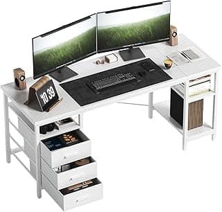 HOMRELEXA Computertisch, Schreibtisch mit 3 Schubladen und 3 Justierbaren Regalen, 120x60x75cm Umkehrbarer PC Tisch, Bürotisch Moderner Stil, für Büro Arbeitszimmer Schlafzimmer Wohnzimmer, Weiß - Produktbild