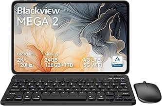 Blackview Mega2 Tablet 12 Zoll Android 15 Tablets, 24GB RAM+128GB ROM, 120HZ 2K FHD Gaming Tablet mit Tastatur Maus Stift Kopfhörer, 4G LTE+5G WiFi, 9000 mAh, WideVine L1, Dual Kamera, Face ID, Gray - Super Angebot