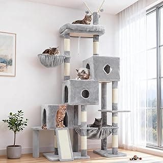 Hey-brother Kratzbaum, Stufiger Katzenbaum für Großkatze, mit 3 Katzenbetten, großer Hängematte, liegefläche und Sisalkratzbrett – großes internes Katzenmöbel, 160 cm hoch, Hellgrau EMPJ081W - Amazon Angebot
