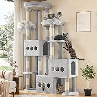 Gitelsnour Kratzbaum 182 cm stabil für Mehrkatzenhaushalt, XXL Katzenbaum mit 3 großen Katzenhöhlen (40x40 cm), 3 Plattformen, Korb und 10 Kratzsäulen, kippsicher, Hellgrau GCT036W - Top Deal