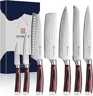 KEEMAKE 7-teiliges Messerset scharf Profi Küchenmesser Set | Japan-Stil Kochmesser Edelstahl ohne Block Pakkaholz-Griff Allzweckmesser Brotmesser Fleischmesser Nakiri Santoku für Küche - Amazon Angebot
