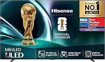 Hisense 100U7Q Fernseher 100 Zoll, 4K Mini LED ULED, Smart TV, Hi-View AI Engine Pro, 165Hz Game Mode Ultra, FreeSync Premium, Built in Subwoofer, Dolby Vision IQ Atmos, Airplay[2025] - Details ansehen