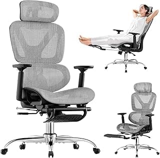 Bürostuhl Ergonomisch, Schreibtischstuhl mit Fußstütze, 90-120° Verstellbare Rückenlehne, Office Chair Lendenwirbelstütze, 4D PUArmlehnen, Stabile Metallbeine, Extra Breites Kissen Büro Gaming Stuhl