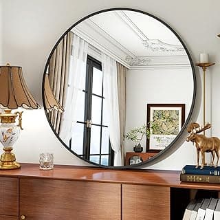 Koonmi 91cm Round Wall Mirror, Circle Bathroom with Metal Frame Hanging Leaning for Entryways, Washrooms, Living Rooms, Black - Details ansehen