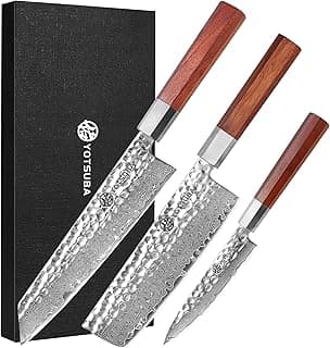 YOTSUBA Damastmesser Set, 3-teiliges Messerset aus Küchenmesser-Set, japanisches messer, und Allzweckmesser mit, Ultra Scharfes Chefmesser Hackmesser, Profi Kochmesser mit Pakkaholz Griff - Details ansehen