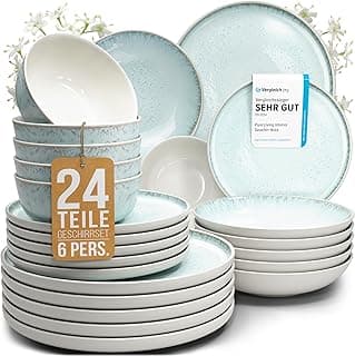 Steingut Geschirrset 6 Personen Ibiza 24 tlg. TESTSIEGER, Traumhaftes Mediterranes Steingut Geschirr Set, Schüssel- und Teller Set, Tafelservice 6 Personen, Geschirrsets Pure Living in Blau-Beige - Produktbild