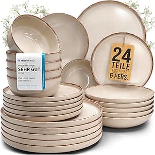 Steingut Geschirrset 6 Personen Rustic 24 tlg. TESTSIEGER, Hochwertiges Landhaussttil Steingut Geschirr Set, Schüssel- und Teller Set, Tafelservice 6 Personen, Geschirrsets Pure Living in Beige - Top Deal