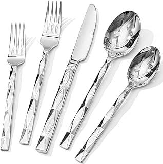 HIKAA Besteck Set 6 Personen, Luxuriöses 30-Teiliges Essbesteckset, Edelstahl Besteck 18/10 mit Diamantschliffmuster für Haushalt, Hochzeit, Party, Cutlery Set Hochglanzpoliert und Spülmaschinenfest - Produktbild