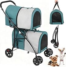 YITAHOME Doppeldecker-Hundebuggy, Haustierbuggy, Tragkraft bis 30 kg, Faltbarer Hundebuggy mit Netzfenstern, Katzenbuggy für zwei Hunde und Katzen, Dunkelgrün & Grau - Details ansehen