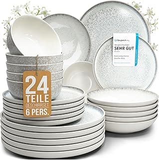 Steingut Geschirrset 6 Personen Ibiza 24 tlg. TESTSIEGER, Traumhaftes Mediterranes Steingut Geschirr Set, Schüssel- und Teller Set, Tafelservice 6 Personen, Geschirrsets Pure Living in Beige - Günstig online kaufen