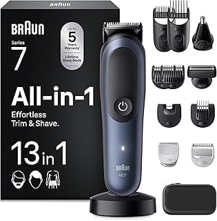 Braun All-in-One Trimmer-Set 7, 13-in-1 Multigroom, Barttrimmer, Nasenhaartrimmer, Haarschneidemaschine für Gesicht, Kopf und Körper, 120 Min Akku, 14 Längen (0.1–21 mm), Wasserdicht, AIO7565, Blau - Produktbild