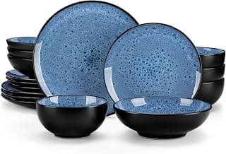 vancasso BUBBLE Geschirrset 16-teilig für 4 Personen | Steinzeug Reaktive Glasur in Blau | Spülmaschinengeeignetes Vintage Tafelservice mit Speisetellern, Desserttellern, Pastatellern & Müslischüsseln - Stark reduziert