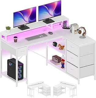 YITAHOME L Form Schreibtisch mit USB Ladeanschluss und Steckdose,Reversible Eckschreibtisch mit 4 Schubladen und Regal,Gaming Schreibtische mit Monitorständer,140x100 cm Computertisch für Büro,weiß - Günstig online kaufen