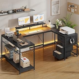 YITAHOME Eckschreibtisch mit 4 Schubladen & Stauraum, 158 x 100cm Gaming Schreibtisch mit LED & Monitorständer für Home Office, Reversible Eck Schreibtisch mit 2 Steckdosen und USB, Schwarz - Produktbild
