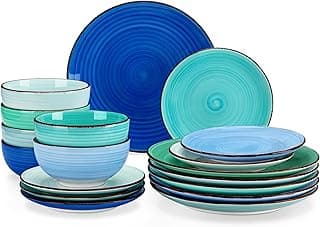 Geschirrset 6 Personen, vancasso BONITA 18 tlg Steingut Geschirr Set 6 Pers, Tafelservice urbaner Stil, Geschirr blau, Schüssel- und Teller Set mit Speiseteller, Dessertteller und Schüsseln - Günstig online kaufen