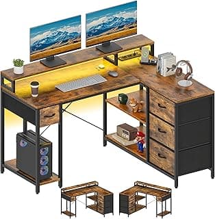 YITAHOME L Form Schreibtisch Mit Steckdose USB Schubladen 140cm Braun | Reversibler Computertisch Eckschreibtisch, Gaming Tisch Home Office, Monitorständer, Holzplatte Eisenrohr, Regal CPU-Ständer - Günstig online kaufen
