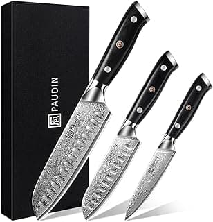 PAUDIN Damastmesser set, Messerset 3-teilig, Damast Küchenmesserset mit Ultra Scharfes Santokumesser Küchenmesser aus 67 Schichten Damaststahl mit Japanischem VG10 Stahl Kern, Ergonomischer G10 Griff - Amazon Angebot