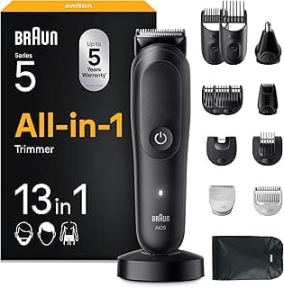 Braun All-in-One Series 5, 13-in-1 Multigroom, Barttrimmer, Nasenhaartrimmer, Haarschneidemaschine für Gesicht, Kopf und Körper, 120 Min Akku, 14 Längen (0.5–21 mm), Wasserdicht, AIO5565, Schwarz - Details ansehen