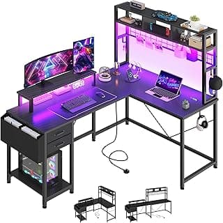 YITAHOME Gaming Tisch L Form mit Steckdosen & LED-Lichter, 150 x 100 x 150 cm Schreibtisch mit Monitorständer, Reversibler Eckschreibtisch mit Regalen, Computertisch für Home Office, Schwarz - Details ansehen