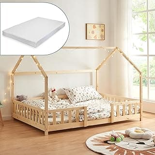 [en.casa] Kinderbett Sisimiut mit Matratze 120 x 200 cm Hausbett Montessori mit Rausfallschutz Holzbett für Kinder Bodenbett Lattenrost Kiefernholz Holzfarben - Produktbild