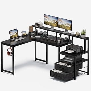 Devoko Eckschreibtisch 168×120cm, L-Schreibtisch mit Stauraum, Eckschreibtisch Schublade mit Steckdose und USB-Ladeport, Computertisch mit Monitorhalterung und Regalen, Schwarz - Amazon Angebot