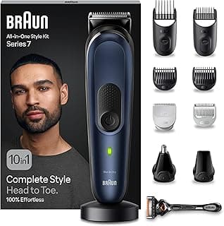 Braun All-In-One Trimmer-Set 7, 10-in-1 Multigroom, Barttrimmer, Nasenhaartrimmer, Haarschneidemaschine für Gesicht, Kopf und Körper, 100 Min. Akku, 14 Längen (3–21 mm), Wasserdicht, MGK7410, Blau - Amazon Angebot