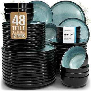 Steingut Geschirrset 12 Pers. Ibiza 48-tlg Hochwertiges Mediterranes Steingut Geschirr Set - Schüssel- und Teller Set - Tafelservice 12 Personen Geschirrsets Pure Living in Petrol - Produktbild