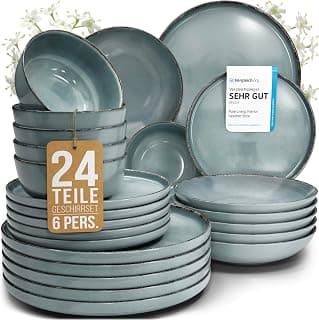 Steingut Geschirrset 6 Personen Rustic 24 tlg. TESTSIEGER, Hochwertiges Landhaussttil Steingut Geschirr Set, Schüssel- und Teller Set, Tafelservice 6 Personen, Geschirrsets Pure Living in Rauchblau - Amazon Angebot
