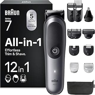 Braun All-in-One Series 7, 12-in-1 Multigroom, Barttrimmer, Nasenhaartrimmer, Haarschneidemaschine für Gesicht, Kopf und Körper, 120 Min Akku, 14 Längen (0.1–21 mm), Wasserdicht, AIO7545, Grau - Amazon Angebot