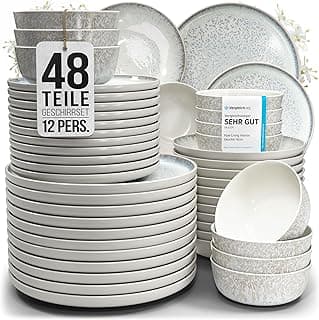 Steingut Geschirrset 12 Personen Ibiza 48 tlg. TESTSIEGER, Traumhaftes Mediterranes Steingut Geschirr Set, Schüssel- und Teller Set, Tafelservice 12 Personen, Geschirrsets Pure Living in Beige - Details ansehen