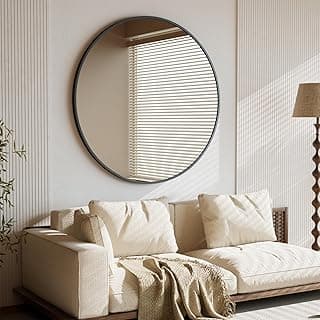 BEAUTYPEAK 106 cm Runder Spiegel, Bruchsicherer Wandspiegel mit Aluminiumrahmen, Badezimmer Spiegel zum Aufhängen und Anlehnen, Rund Wandspiegel für Schlafzimmer, Bad, Wohnzimmer Schwarz - Details ansehen