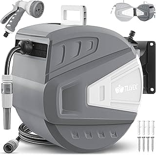 tillvex Schlauchtrommel Wasser mit Wandhalterung + Tragegriff | Schlauchaufroller mit Handbrause und Gartenschlauch | 180° Schwenkbar | Wand-Schlauchbox mit Aufroll-Automatik (Grau, 30m) - Amazon Angebot