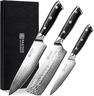 PAUDIN Damastmesser Set, 3-teiliges Messerset aus umweltfreundlichem & nachhaltigem 67 Schichten VG10 Damaststahl mit G10 Griff - Küchenmesser, japanisches messer, und Allzweckmesser mit hoher Härte - Produktbild