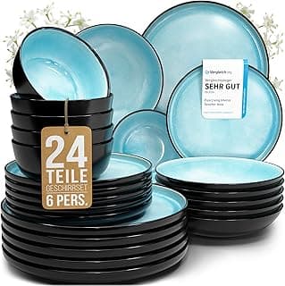 Steingut Geschirrset 6 Personen Ibiza 24 tlg. TESTSIEGER, Traumhaftes Mediterranes Steingut Geschirr Set, Schüssel- und Teller Set, Tafelservice 6 Personen, Geschirrsets Pure Living in Türkis - Details ansehen