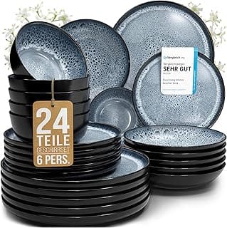 Steingut Geschirrset 6 Personen Ibiza 24 tlg. TESTSIEGER, Traumhaftes Mediterranes Steingut Geschirr Set, Schüssel- und Teller Set, Tafelservice 6 Personen, Geschirrsets Pure Living in Rauchblau - Amazon Angebot