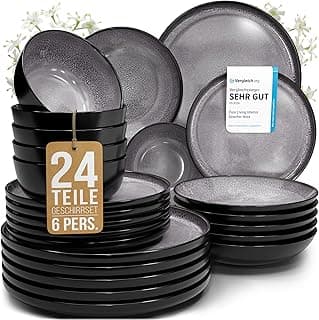 Steingut Geschirrset 6 Personen Ibiza 24 tlg. TESTSIEGER, Traumhaftes Mediterranes Steingut Geschirr Set, Schüssel- und Teller Set, Tafelservice 6 Personen, Geschirrsets Pure Living in Grau - Stark reduziert