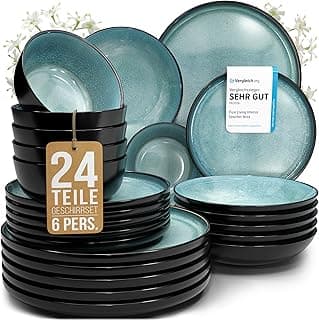 Steingut Geschirrset 6 Personen Ibiza 24 tlg. TESTSIEGER, Traumhaftes Mediterranes Steingut Geschirr Set, Schüssel- und Teller Set, Tafelservice 6 Personen, Geschirrsets Pure Living in Petrol - Günstig online kaufen