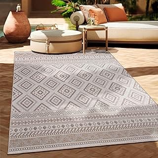 Paco Home Outdoor Teppich Flachgewebe Modern Boho-Style wetterfest & UV-beständig Ideal für Terrasse Balkon Wohnzimmer & Küche, Grösse:200x280 cm, Farbe:Beige 2 - Produktbild